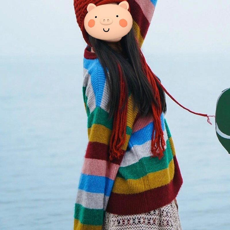 High-End Dopamine Fair Isle Retro Color-Block Rainbow Striped Sweater for Women, New Autumn Loose Knit Top