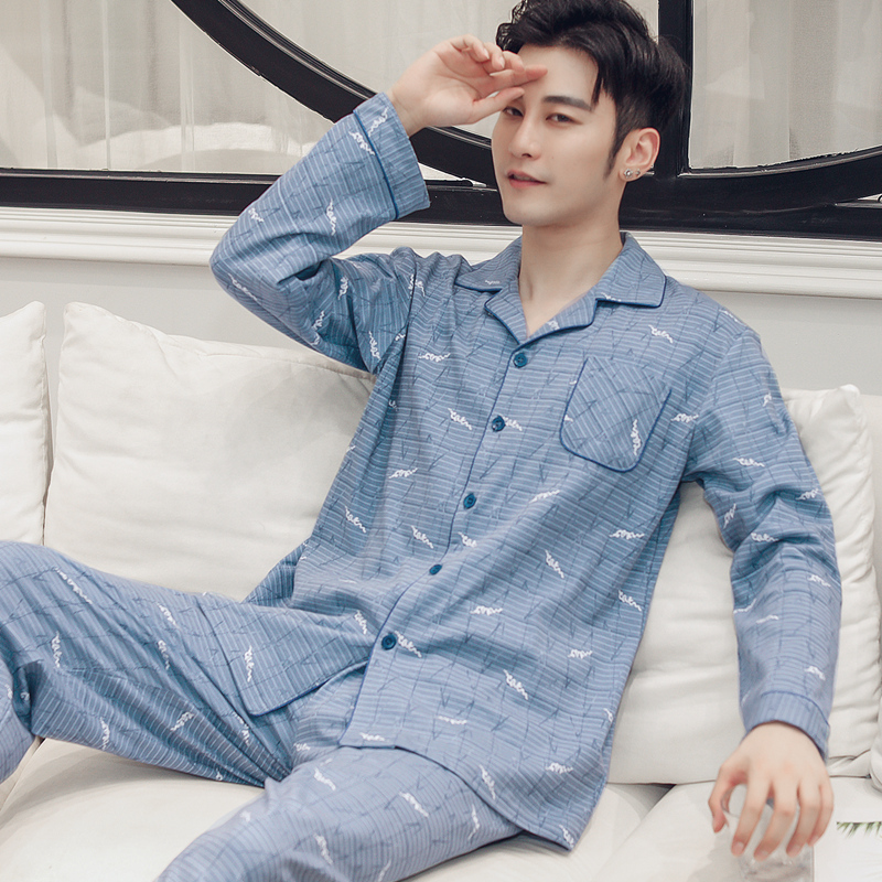 Whina Pose Men's Sleepwear Spring Autumn Pure Cotton Long Sleeve Thin-shirt Youth large size Size Autumn Winter Full Cotton Home Suit Suit