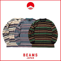 (Spot 5 Fold) BEAMS 21AW Day Ensemble Retro Collision Color Striped Pure Cotton Casual Loose Round Collar Long Sleeve T-Shirt