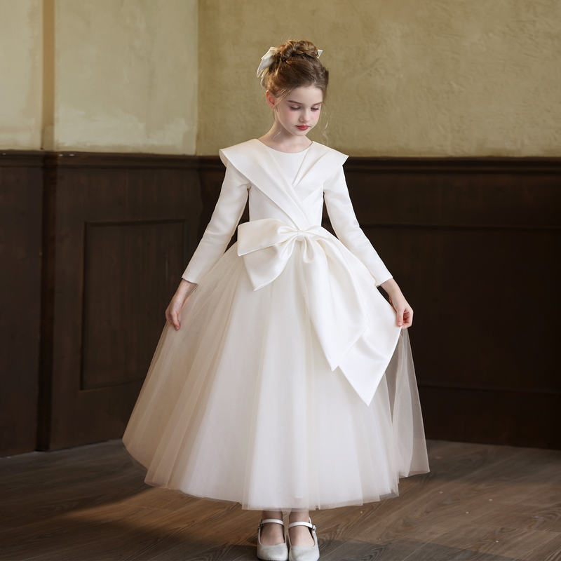 Children's Birthday Dress, Light Luxury, Niche, High-End, Host Piano Performance Dress, Little Girl's White Princess Dress, Autumn and Winter