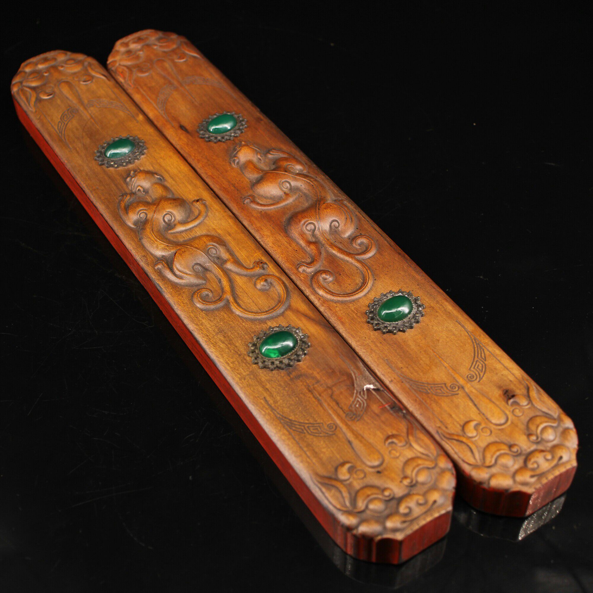 Antiques and Miscellaneous CollectionsWooden Collections Collection of Boxwood Inlaid Gemstones Dragon Pattern Town Ruler Stationery Supplies