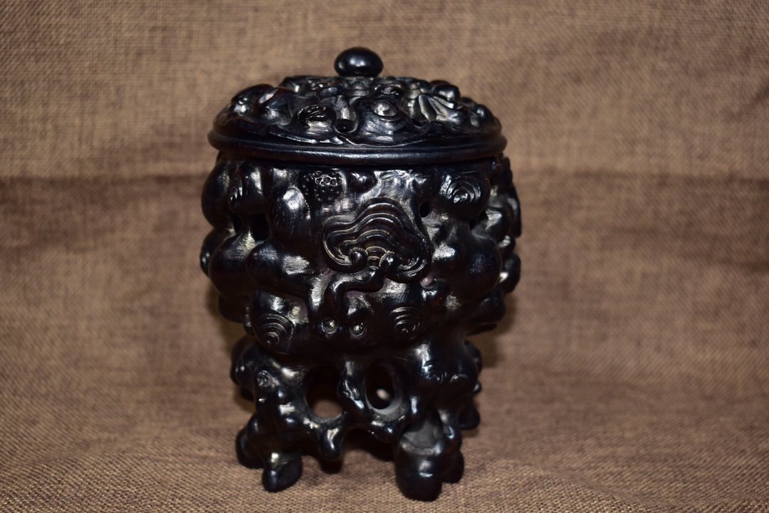 Ancient Play Miscellaneous Collection Wooden Ware Collection Treasured Black Sandalwood Hollowed-out Incense Burner