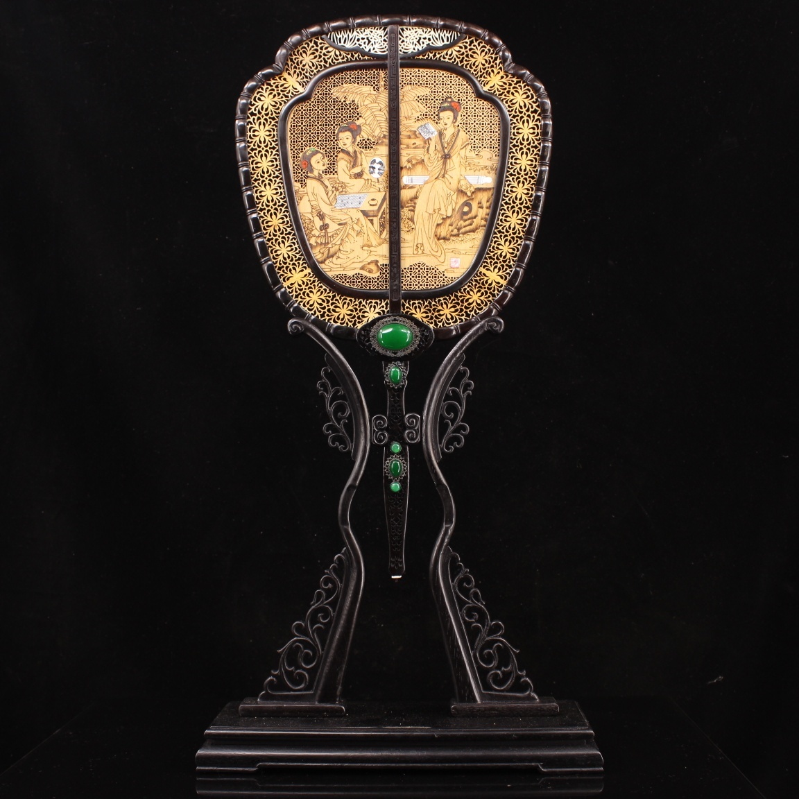Ancient Play Miscellaneous Collection Wooden Ware Collection Treasured Black Sandalwood Inlaid Gem Fan Subscreen Pendulum