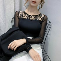 Big Code Women Dress 2020 Spring Autumn New Black Pattern Lace Jersey Undershirt Femininity Tight Hollowed-out Web Yarn Shirt