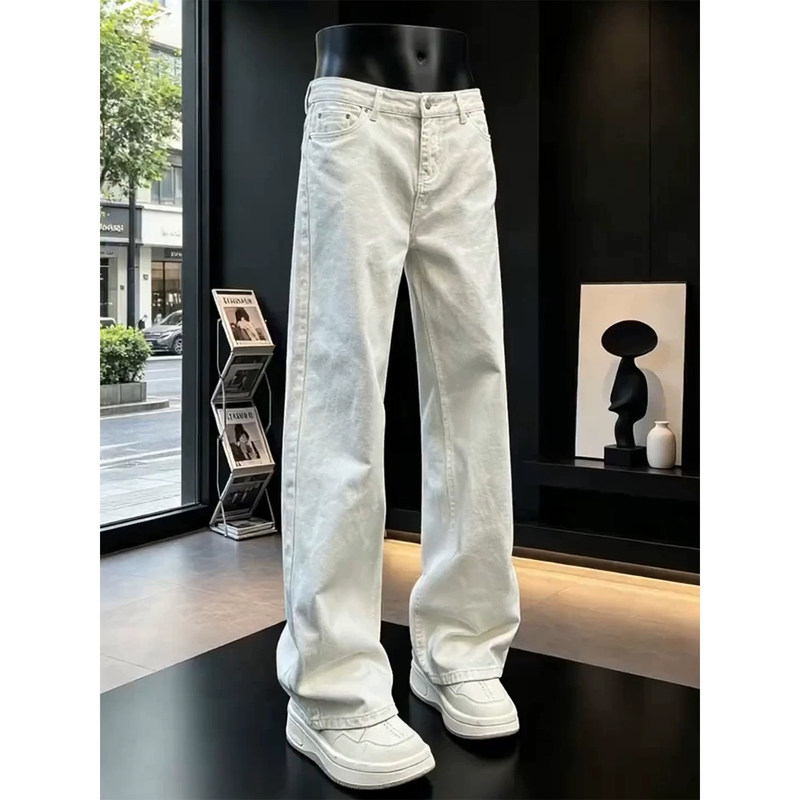 White American-Style Straight-Leg Jeans for Men, Summer Thin Washed Narrow-Fit Flared Long Pants, High-Waisted Slimming Work Pants