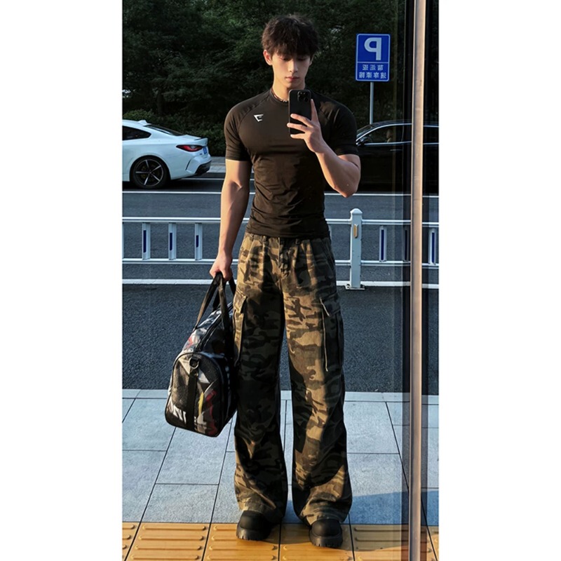 American Retro Camouflage Cargo Pants for Men, Summer Multi-Pocket Cool Lumberjack Pants, High-End Wide-Leg Straight Pants