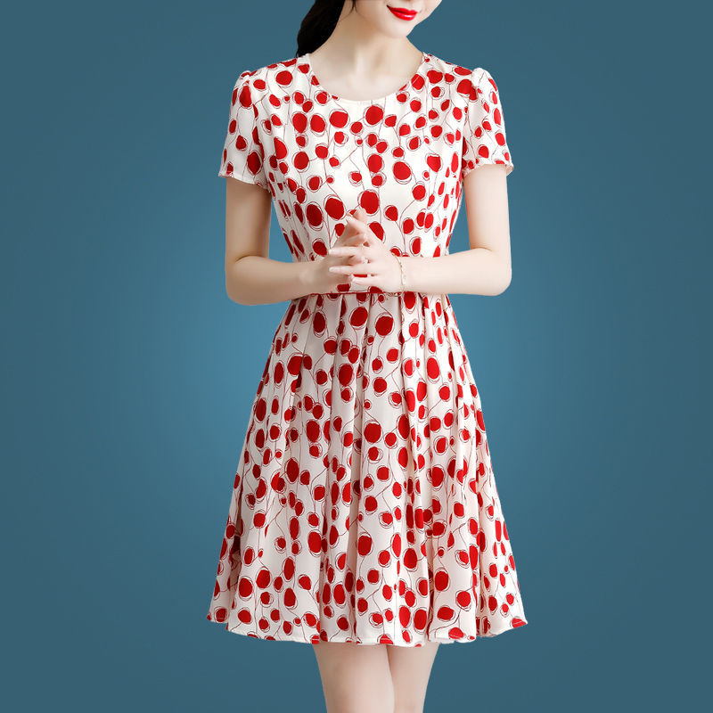 Polka Dot High-End Dress for Women, Summer 2026 New Style, Elegant Goddess Ice Silk Short-Sleeved Floral Dress, Summer Dress