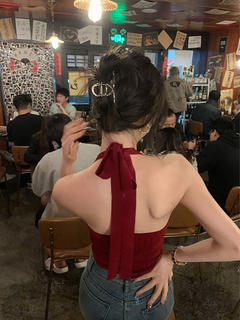 Hong kong style retro red halterneck small camisole women's outer wear high-end inner wear large backless knitted top