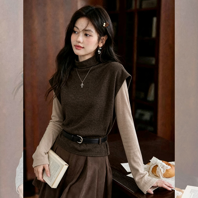Korean-Style Half-High Collar Base T-Shirt Layered Outfit with Knitted Vest for Women, Autumn and Winter Two-Piece Set Top Korean-Style Half-High Collar Base T-Shirt Layered Outfit with Knitted Vest for Women, Autumn and Winter Two-Piece Set Top