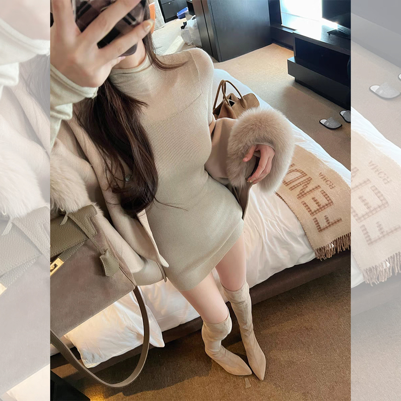 See-Through Patchwork Knit Dress, Waist-Cinching, Body-Hugging Skirt, Autumn and Winter Sweater, Half-High Collar Base Skirt for Women See-Through Patchwork Knit Dress, Waist-Cinching, Body-Hugging Skirt, Autumn and Winter Sweater, Half-High Collar Base Skirt for Women