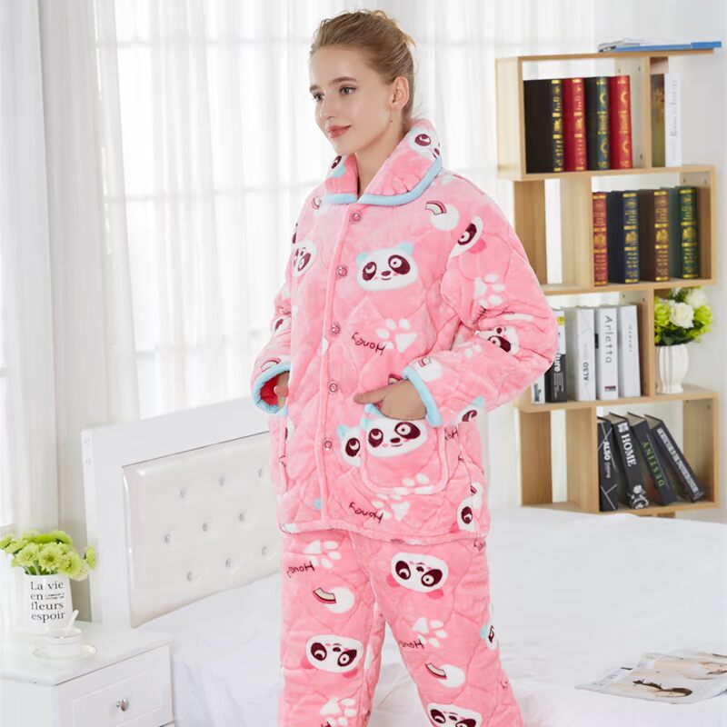 Nữ mùa đông chăn đệm đồ ngủ cotton tháng quần áo flannel quilted ba lớp ấm áp dịch vụ nhà phù hợp với giấc ngủ pijama