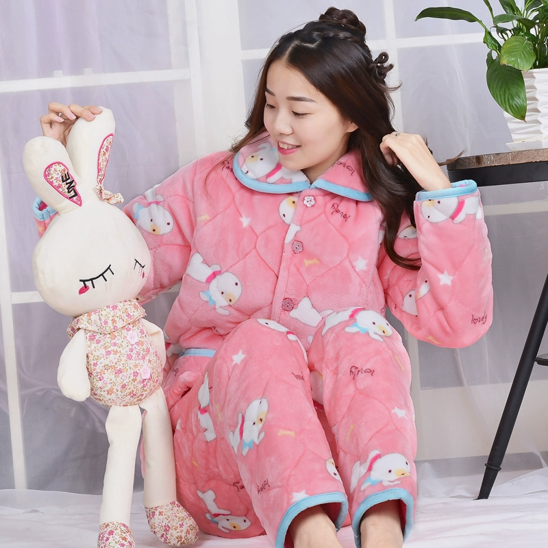 Nữ mùa đông chăn đệm đồ ngủ cotton tháng quần áo flannel quilted ba lớp ấm áp dịch vụ nhà phù hợp với giấc ngủ