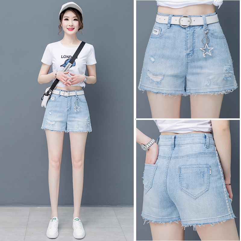 Breaking quần short denim phụ nữ eo cao mùa hè một lời thẳng 2020 phong cách mới lỏng hairside rộng chân quần nóng thủy triều