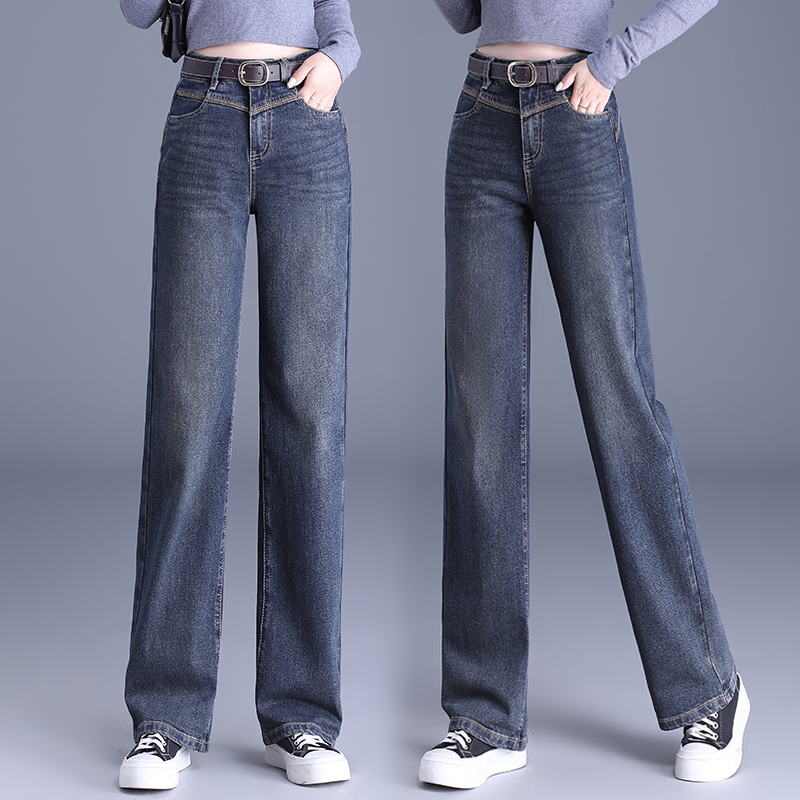 Retro Straight-Leg Jeans for Women, Spring, Autumn and Winter 2026 New High-Waisted Slim Casual Pants for Small People, Fleece-Lined Wide-Leg Pants