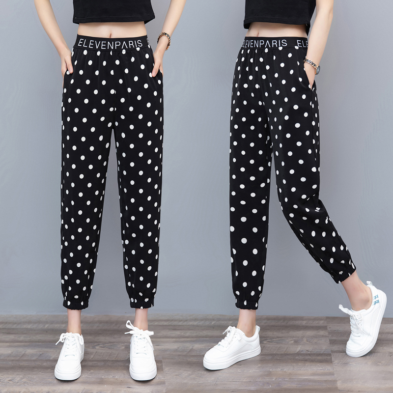Snow Spinning Wave Dot Kharen Pants Woman Summer High Waist Thin section 2022 New 90% Ice Casual Loose Bundle Feet Lamp Cage Pants