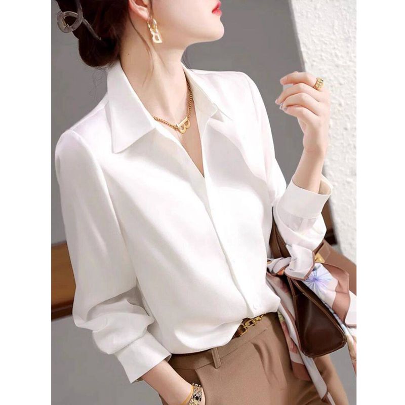 White Satin Shirt for Women, Long-Sleeved, Spring and Autumn Style, Plus Size, Loose Design, Niche High-End Professional Shirt Top