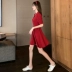 Váy kiểu Pháp nữ mùa hè mới của phụ nữ mùa hè 2021 eo và mỏng phong cách Hepburn một đường màu đỏ retro - A-Line Váy