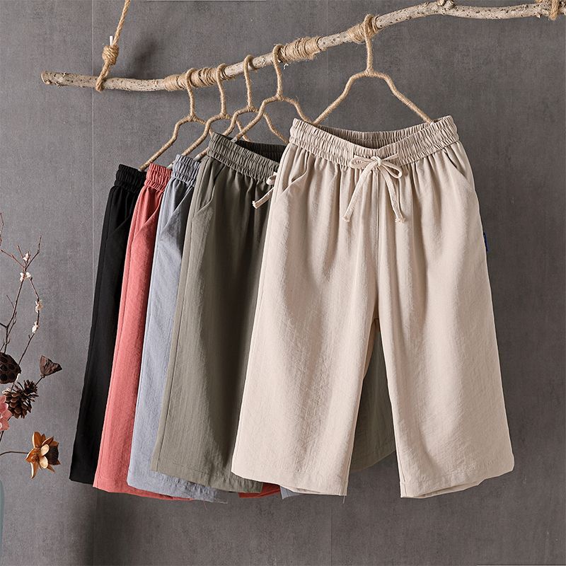 2025 Summer Thin Pure Cotton and Linen Cropped Pants Straight-Leg Trousers Middle-Aged Mom's Wear Loose Slimming Casual Workwear Mid-Length Pants