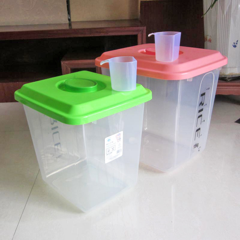 Size Number of plastic transparent rice barrel Home 10 kg 15KG Fitted Kitchen Covered Rice Vat With Scale Delivery Cup