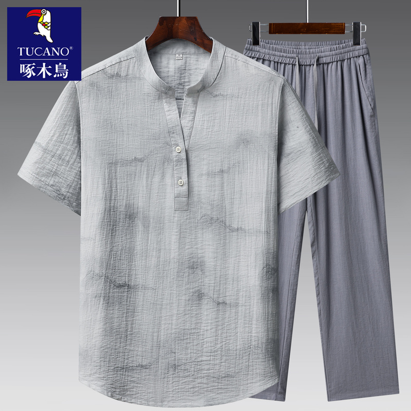 Woodpecker Dad Summer Suit Men's 2026 New Thin Linen Two-Piece Elderly Grandpa Clothes Summer Outfit
