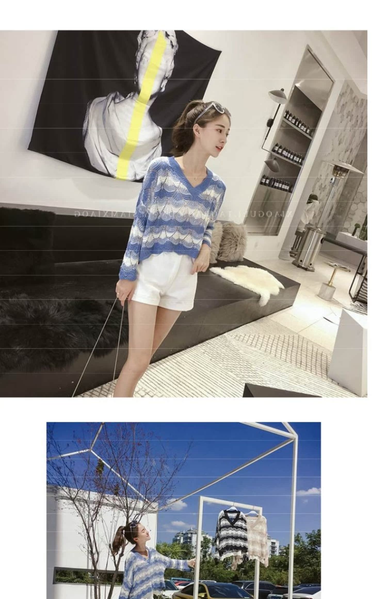 Openwork sọc đan áo sơ mi nữ 2019 mùa thu mới lỏng áo len mỏng ngắn đoạn lười áo chống nắng gió - Đan Cardigan áo kiểu nữ