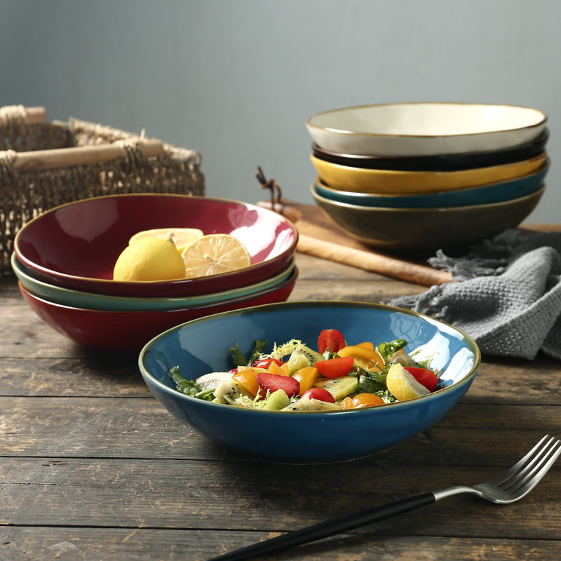 Micro-Time Creative Retro Pure Color Corrugated Soup Bowl Salad Bowl Pull Noodles Bowl Bowls Home Individuality Creative Ceramic Rice Bowls
