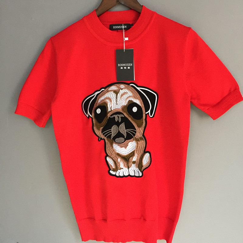 Nam ngắn tay t-shirt những người yêu thích mùa hè mỏng áo len nam vòng cổ puppy thêu sinh viên Hàn Quốc phiên bản của áo len thoáng khí