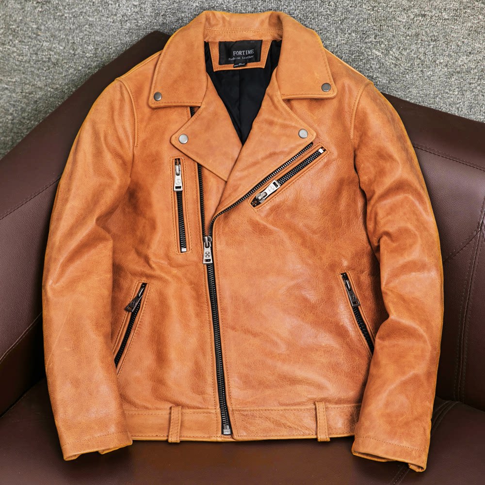 Heavy oil wax head layer pure cowhide leather leather jacket men's trendy slim motorcycle short lapel leather jacket