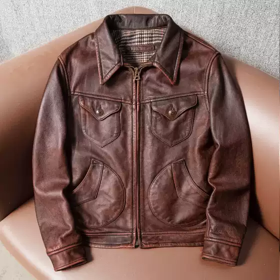 Vintage Distressed First-Layer Cowhide Mendoza Men's Lapel Biker Jacket Genuine Leather Jacket Winter Coat