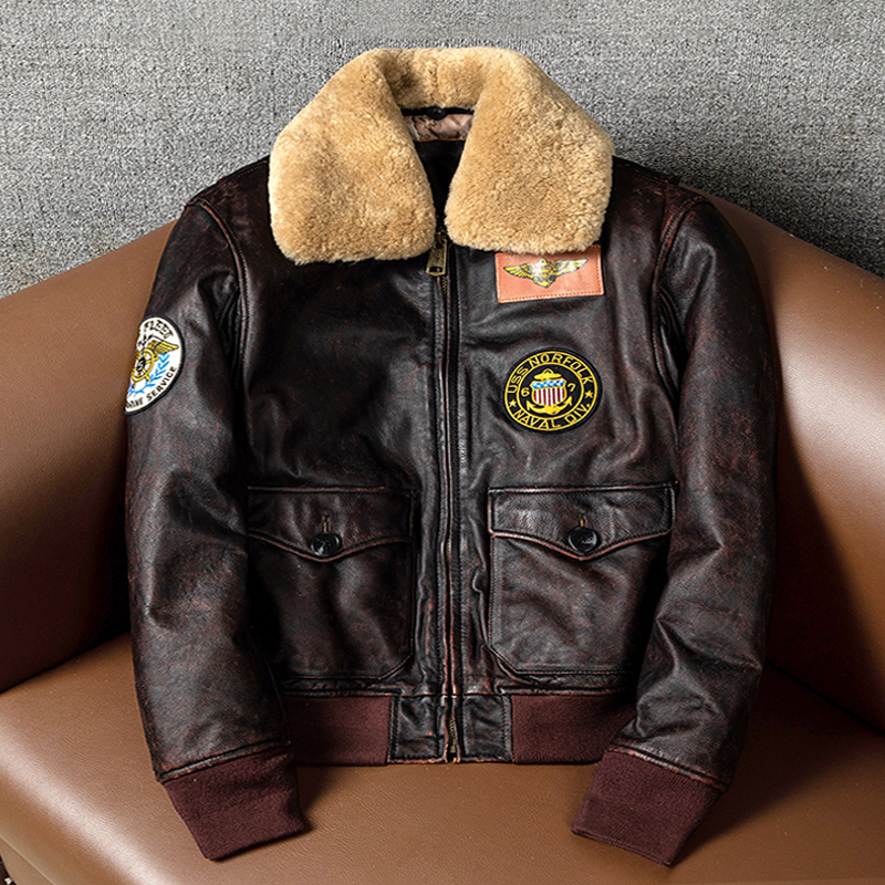 Amejaji First-Layer Cowhide Men's Genuine Leather Jacket G1 Pilot Style with Cotton Lining, Turn-Down Collar Flight Suit, Large Size Coat