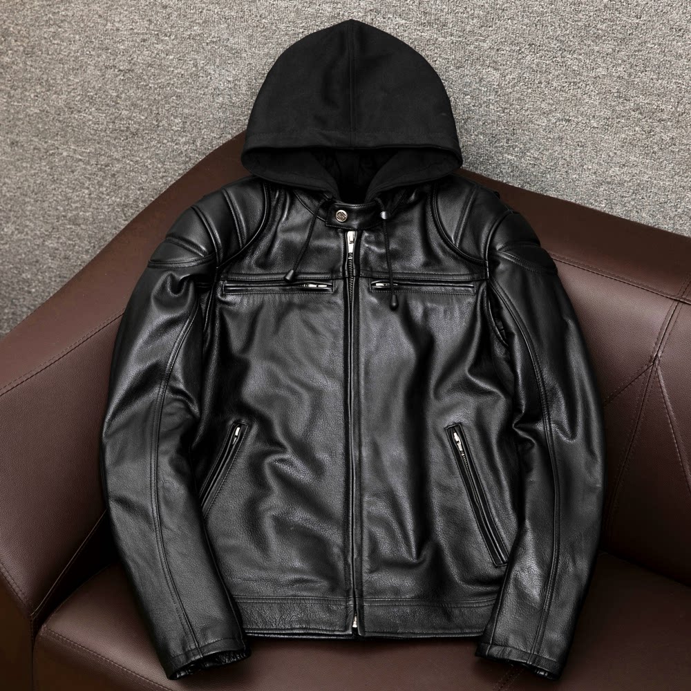HALEI Hares Locomotive Clothes Heavy head layer Bull Leather Leather Leather Clothing Male short section Body Type detached Lianhood jacket