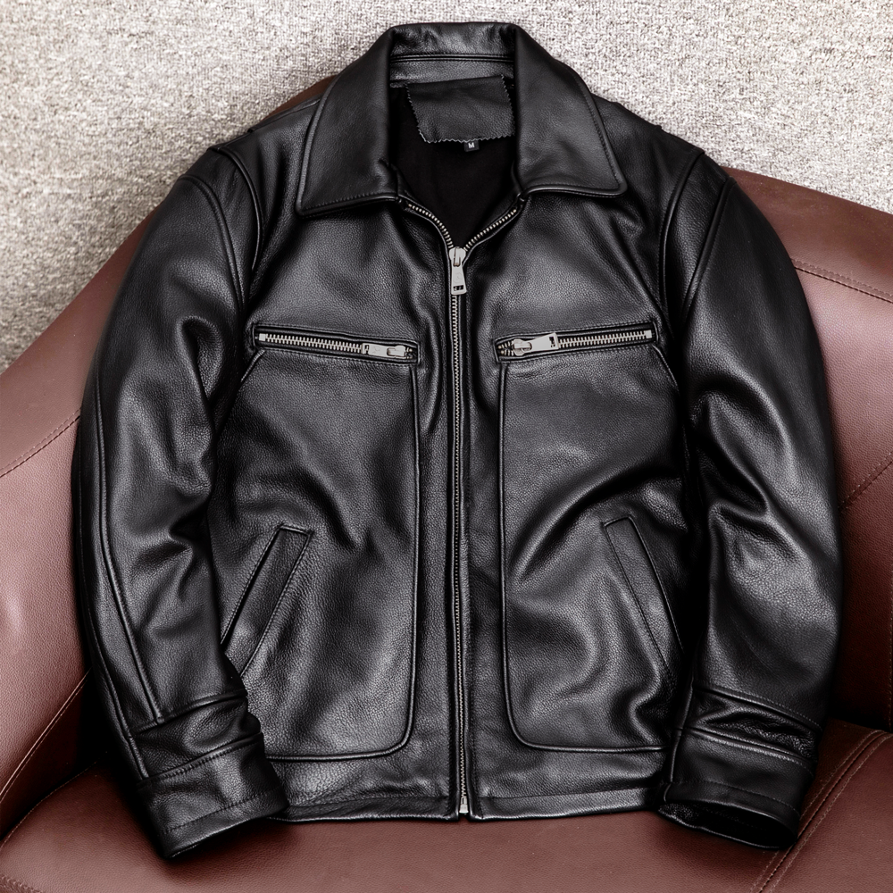 2020 autumn new pure first layer leather leather men's casual lapel leather jacket large size middle-aged men's jacket