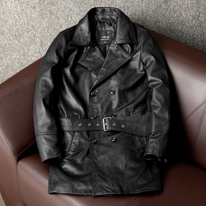 Mid-Length Trench Coat, Genuine First-Layer Cowhide Leather Jacket for Men, Motorcycle Business Casual Suit Collar Large Size Leather Jacket