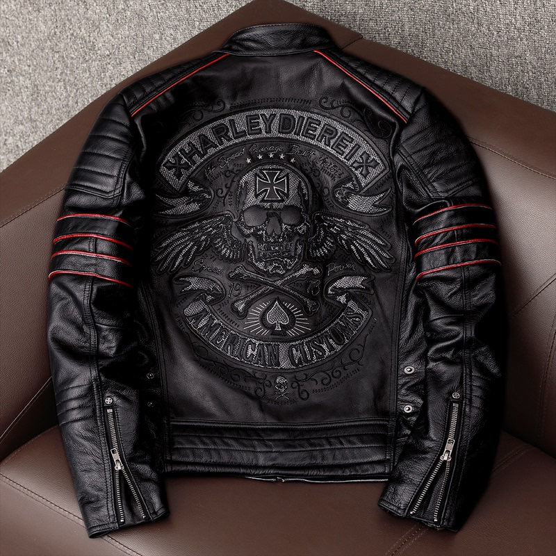 Embroidered Logo Clothing, Pure First-Layer Cowhide Leather Jacket for Men, Motorcycle Style, Trendy Motorcycle Riding Leather Jacket