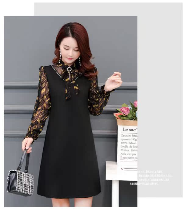 Mùa thu sản phẩm mới kích thước lớn của phụ nữ thời trang tuổi giảm mỏng dài tay khâu váy dài bao phủ bụng slim dress đầm dành cho người mập 70kg