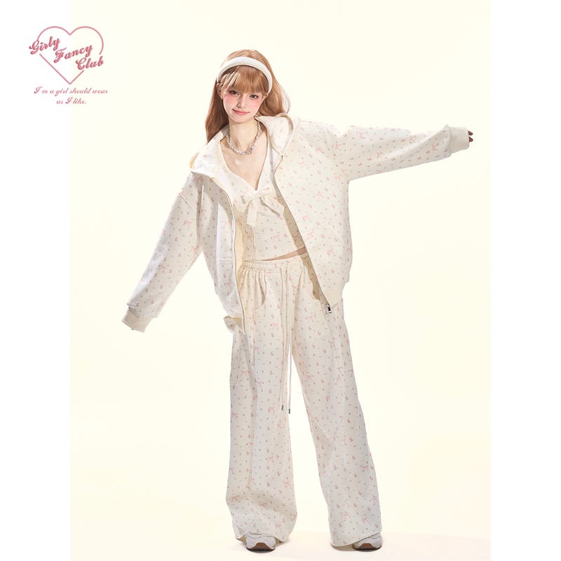 Girlyfancyclub Sweet Girl Bow Print Casual Lazy Style Zipper Hooded Jacket Autumn Sweatshirt Set Girlyfancyclub Sweet Girl Bow Print Casual Lazy Style Zipper Hooded Jacket Autumn Sweatshirt Set