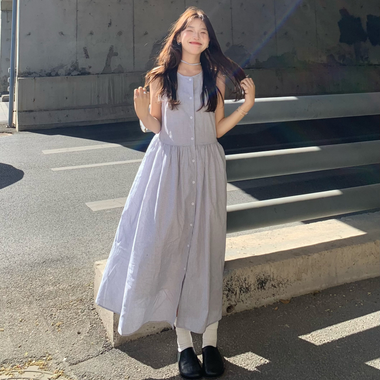 熱帯魚柄の韓国風シンプルオールマッチチェック柄ノースリーブリバーシブルコットンワンピース