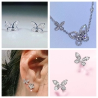 Spot 18K white gold butterfly full diamond ear needle ear bone diamond small butterfly ear slap flower real gold diamond thread necklace