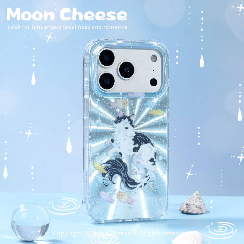 [Little Cat's Sweet Dreams] Moon Cheese Original Ocean Cat Phone Case Compatible with iPhone 17/16 Pro Max, Apple 16 Pro, Dual Layer Imd 15 Pro/14 Magnetic Huawei Mate 70 Pro