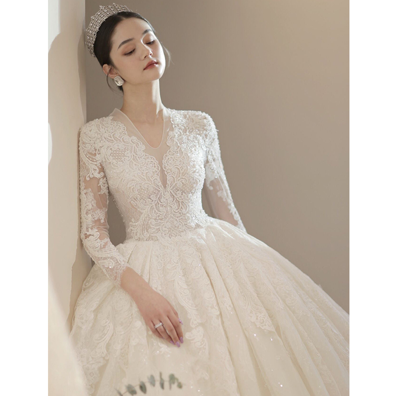 Bride Main Wedding Dress 2021 New V-Neck Long Sleeves Tails Court Style Premium Plus Size Pregnant Woman Light Small 2022