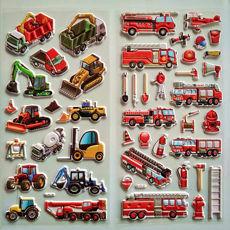 Fire truck vehicle children reward stickers excavator engineering car kindergarten cartoon bubble stickers