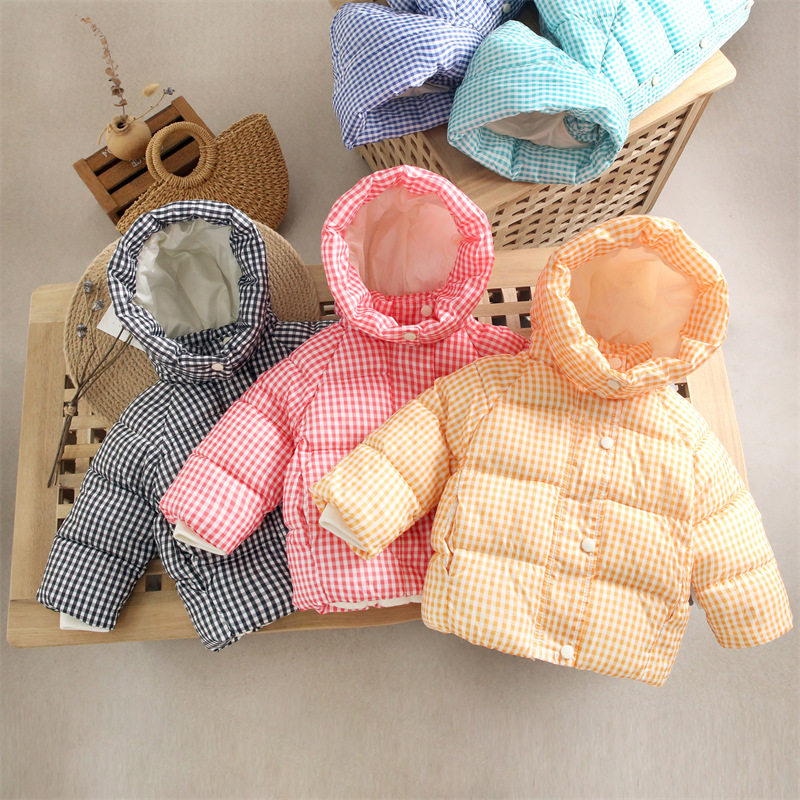 Children's Plaid cotton-padded jacket children's high collar hooded short velvet cotton-padded jacket men's and women's thick coat winter