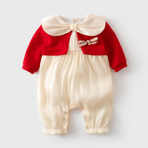 Early spring and autumn baby clothing female baby one-piece clothes twilight cloud yarn red knit shawl fake two long sleeve climbing clothes