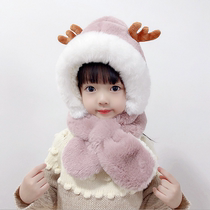 Winter childrens hat scarf one male and female child thick warm plush cute baby antler windproof ear cap