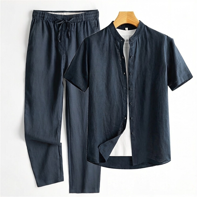 Summer Cotton and Linen Casual Business Suit for Men, Blue Thin Breathable Linen White Shirt, Half-Sleeved Pants Two-Piece Set
