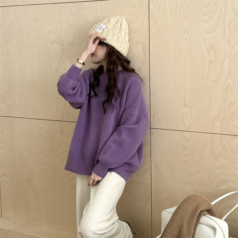 Purple Sweater for Women, Autumn and Winter Round Neck Knitwear, Lazy Style Pullover, Loose and High-End Style Outfit