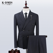 Mens suit set three-piece slim vertical stripe double-breasted Korean groom best man dress small suit wedding