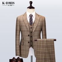 Brown plaid suit suit suit male English style suit Korean handsome slim wedding ceremony groom formal dress casual tide