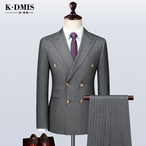 Gray striped suit suit double-breasted male English style business dress slim wedding ceremony groom suit Korean version