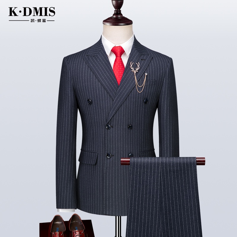Striped double-row buckle Western suit Men's Inron Wind suit Han version Shuai Handsome Bride wedding Lilly New Lang Leisure Business Dress
